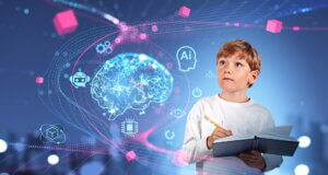 A boy holding a tablet beside an illustration of a glowing brain