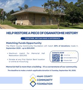 Flyer asking for help to restore a piece of Osawatomie history, with a QR code