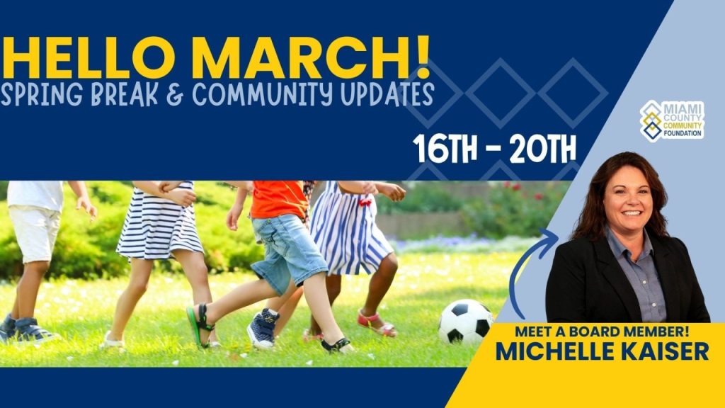 March newsletter banner: spring break and community updates, with board member Michelle Kaiser