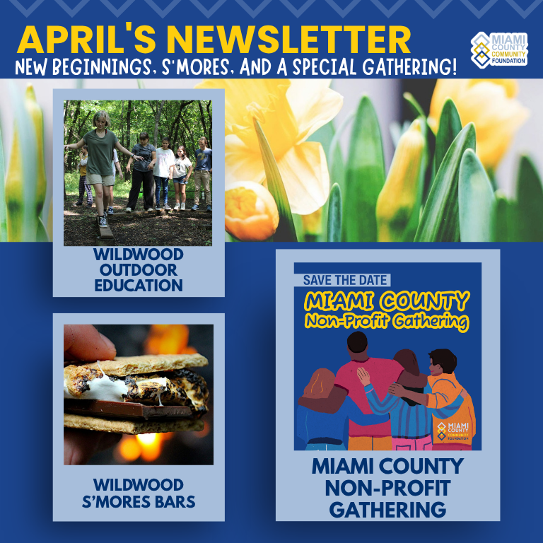 April newsletter banner with spring tulips and a Miami County gathering