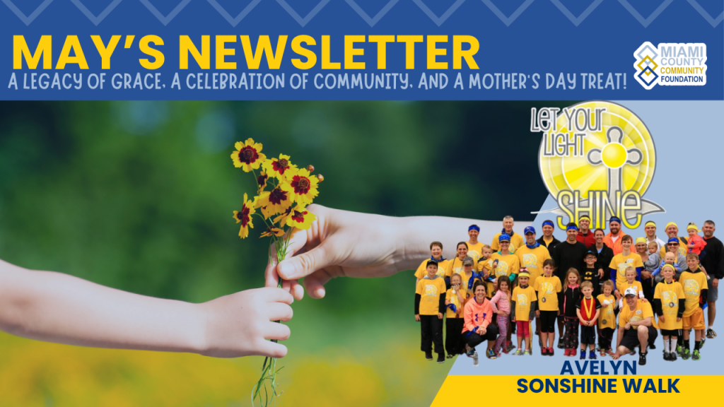 May newsletter banner: a hand holding sunflowers, and the Avelyn SonShine walk