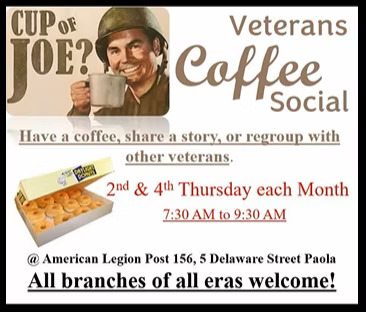 Flyer for the Veterans Coffee Social at American Legion Post 156 in Paola