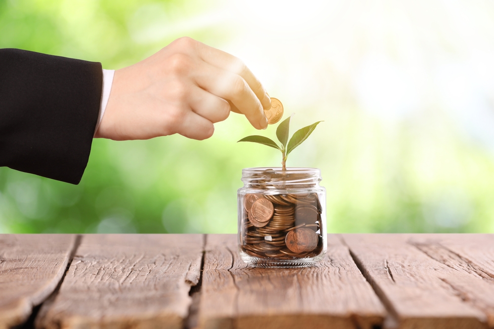 Hand dropping a coin into a jar of coins with a seedling growing from it