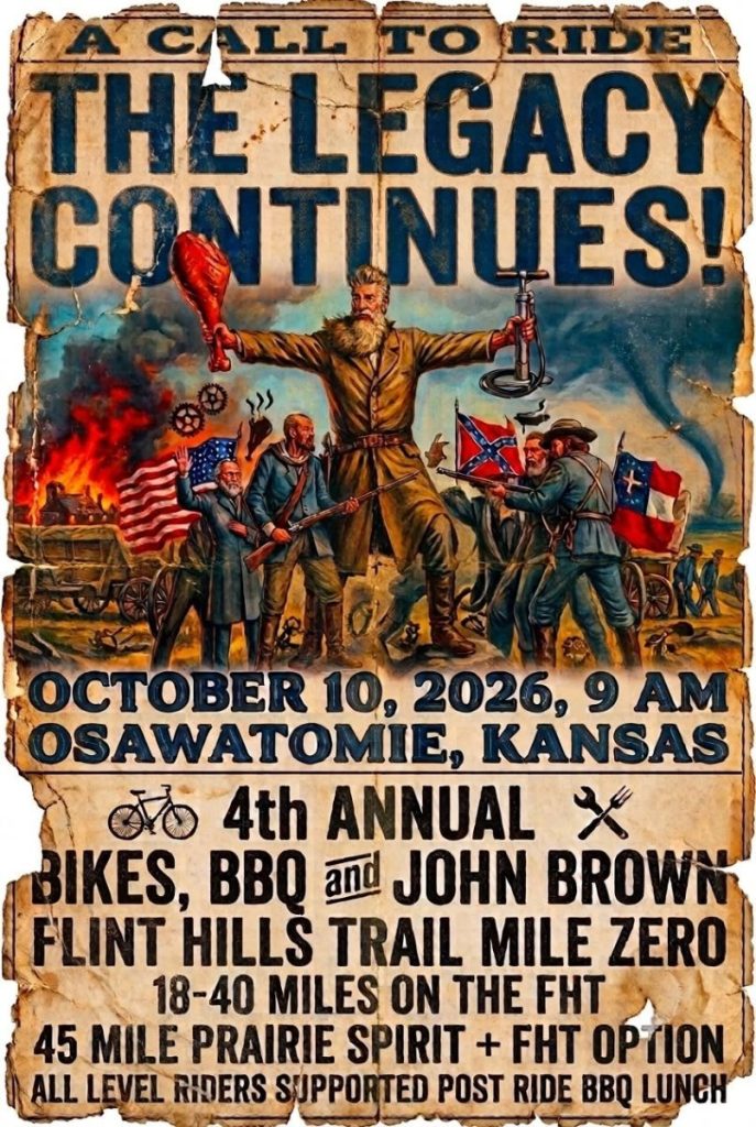 Flyer for Bikes, BBQ & John Brown at Flint Hills Trail Mile Zero in Osawatomie