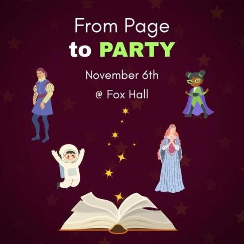 Flyer for From Page to Party, a book-character costume party at Fox Hall in Louisburg