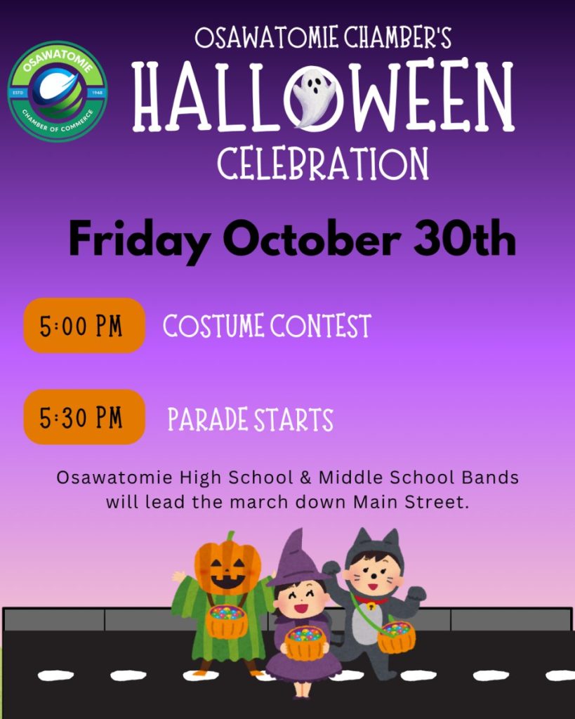Flyer for the Osawatomie Chamber Halloween Celebration on Main Street in Osawatomie