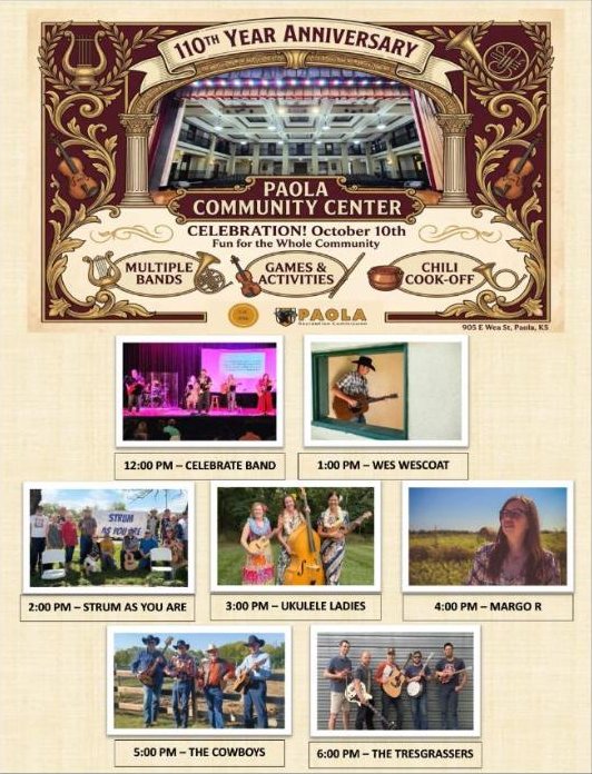 Flyer for the Paola Community Center 110th anniversary celebration at the Community Center in Paola