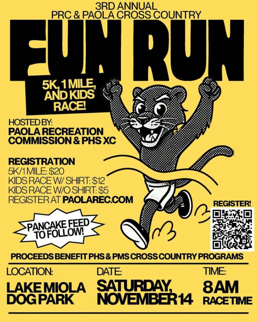 Flyer for the PRC and PHS Cross Country Fun Run at Lake Miola in Paola