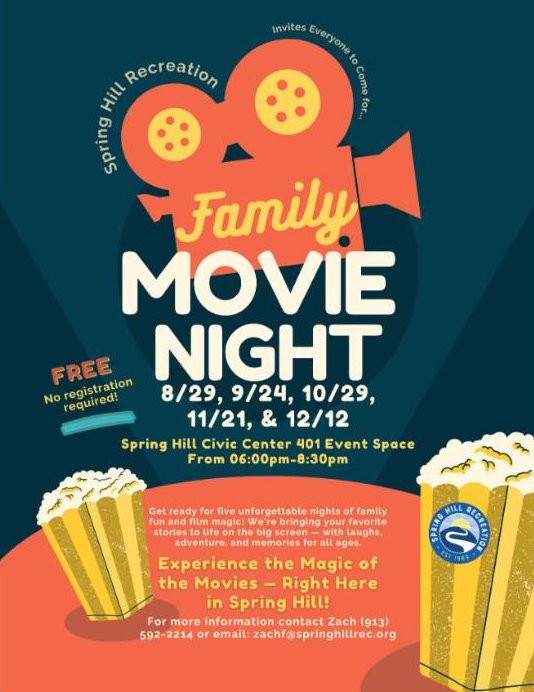 Flyer for Family Movie Night at the Spring Hill Civic Center in Spring Hill
