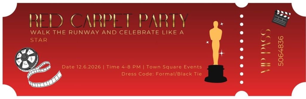 Ticket-style banner for the Veterans Outdoors Foundation Red Carpet gala at Town Square Events in Paola